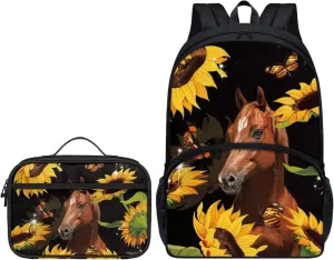 Horse Print Kid's Backpack for Girl Sunflower Butterfly Schoolbag and Insulated Lunch Bag with Front Zip Pocket 2Pcs Casual Daypack Rucksack for Picnic Work, Back to School