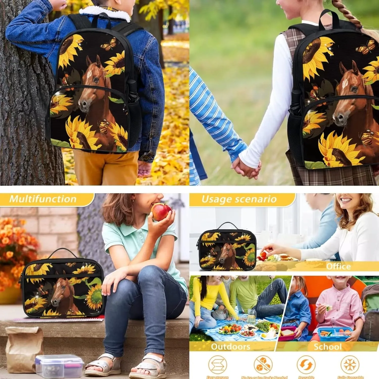 Horse Print Kid's Backpack for Girl Sunflower Butterfly Schoolbag and Insulated Lunch Bag with Front Zip Pocket 2Pcs Casual Daypack Rucksack for Picnic Work, Back to School