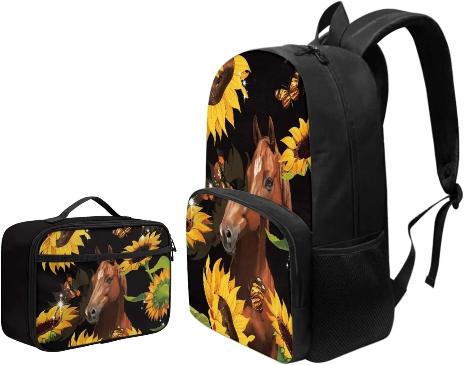 Horse Print Kid's Backpack for Girl Sunflower Butterfly Schoolbag and Insulated Lunch Bag with Front Zip Pocket 2Pcs Casual Daypack Rucksack for Picnic Work, Back to School