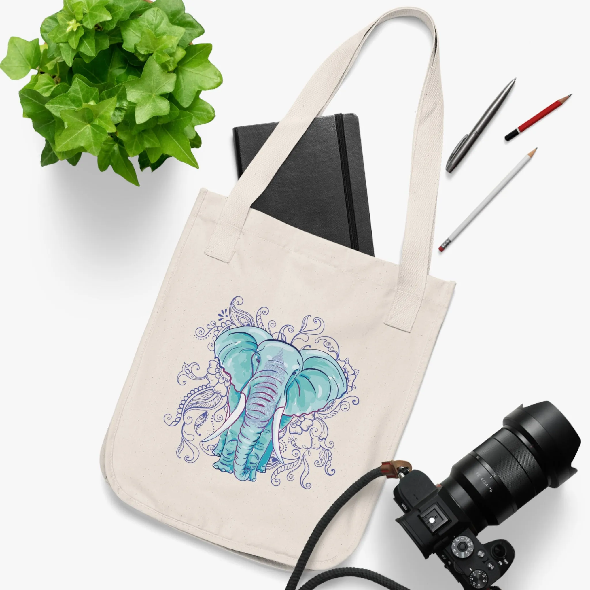 Indian Mandala Watercolor Art Elephant Tote | Mandala Elephant Gift | Organic Canvas Tote Bag