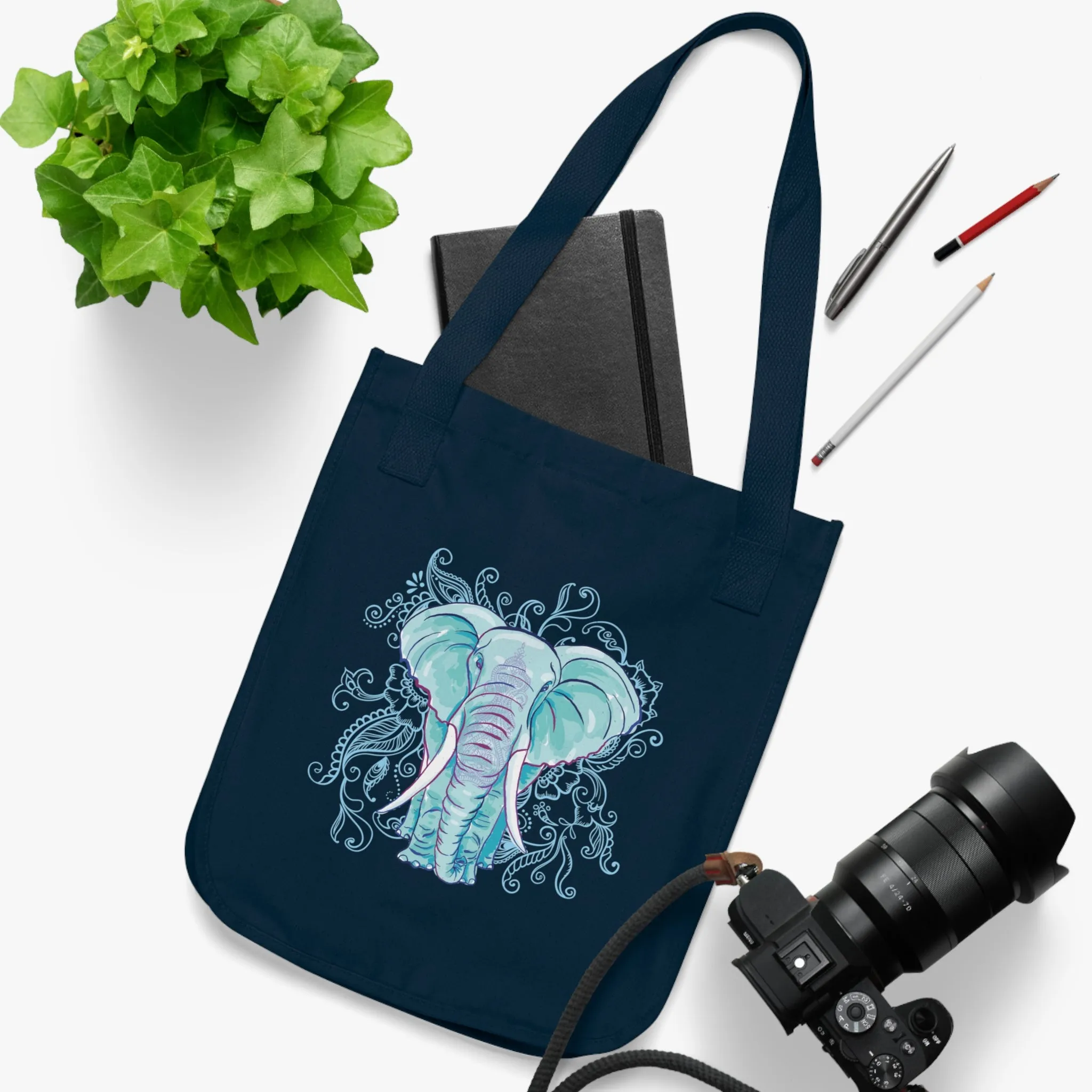 Indian Mandala Watercolor Art Elephant Tote | Mandala Elephant Gift | Organic Canvas Tote Bag