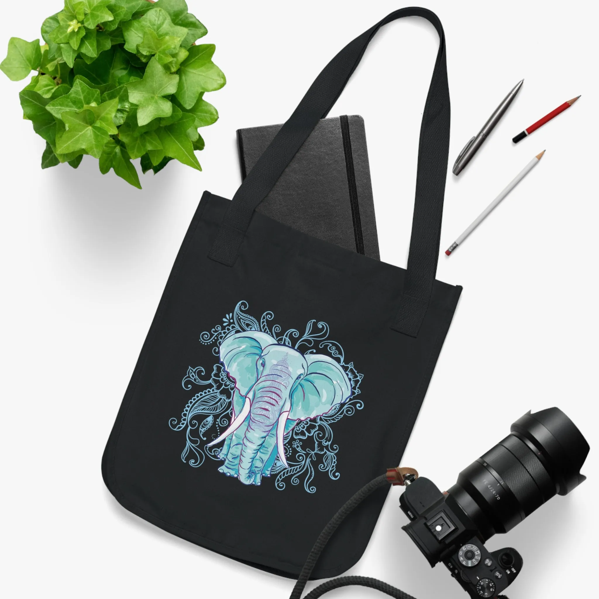 Indian Mandala Watercolor Art Elephant Tote | Mandala Elephant Gift | Organic Canvas Tote Bag