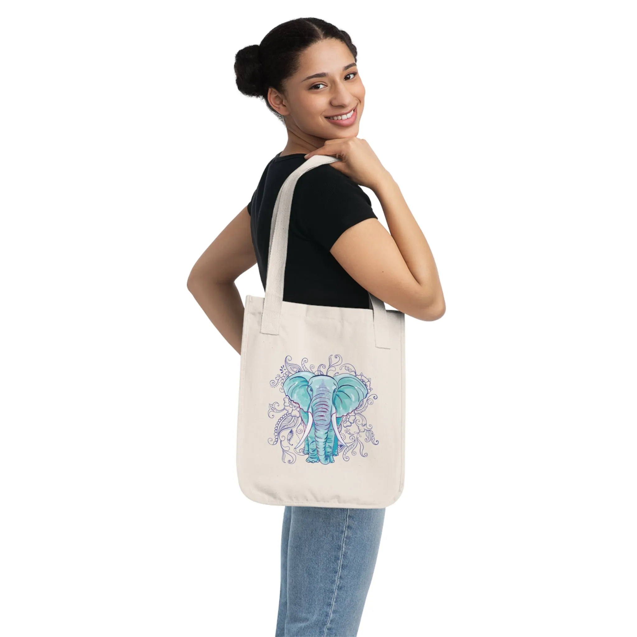Indian Mandala Watercolor Art Elephant Tote | Mandala Elephant Gift | Organic Canvas Tote Bag