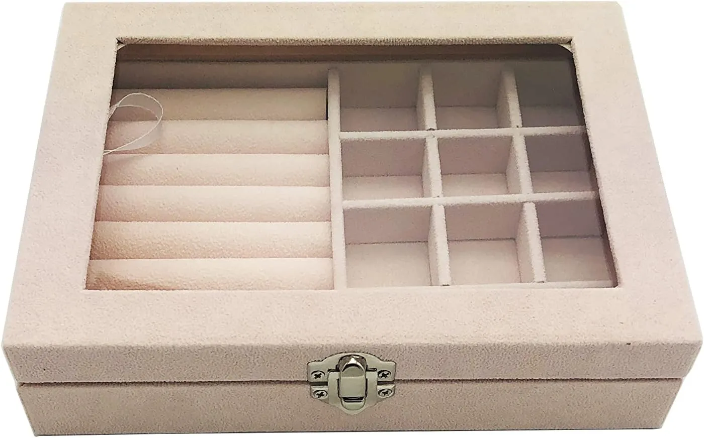 Jewelry Box Organizer, Jewelry Storage Box with Clear Glass Lid, Velvet Glass Jewelry Ring Box, Jewelry Case For Women And Girls (Beige)