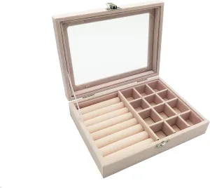 Jewelry Box Organizer, Jewelry Storage Box with Clear Glass Lid, Velvet Glass Jewelry Ring Box, Jewelry Case For Women And Girls (Beige)