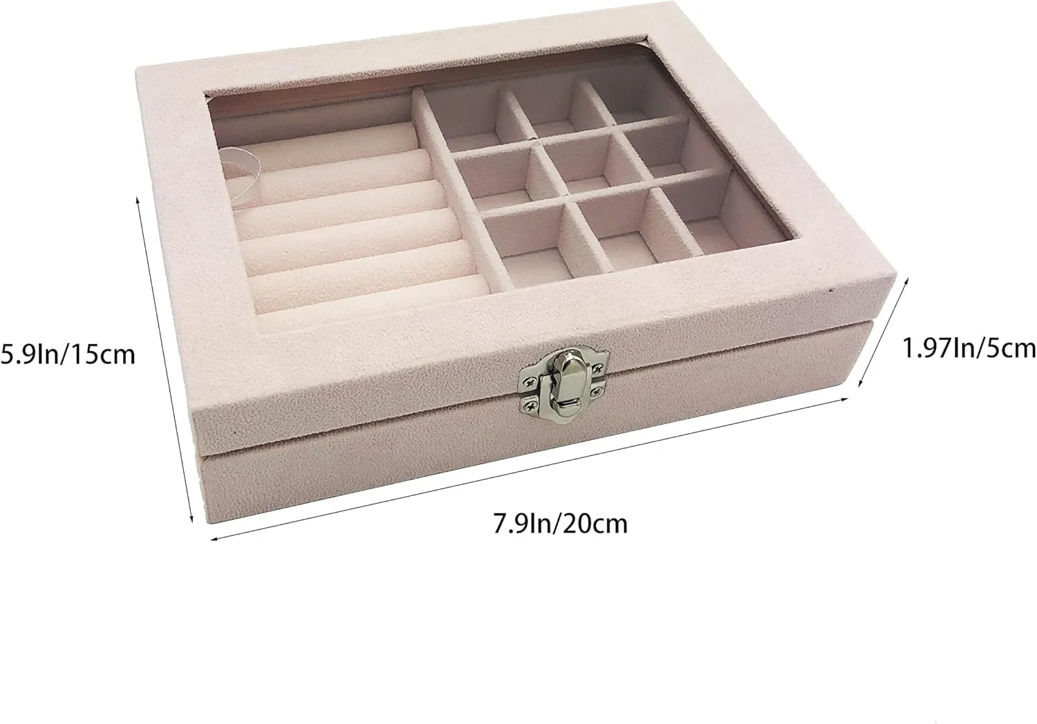 Jewelry Box Organizer, Jewelry Storage Box with Clear Glass Lid, Velvet Glass Jewelry Ring Box, Jewelry Case For Women And Girls (Beige)