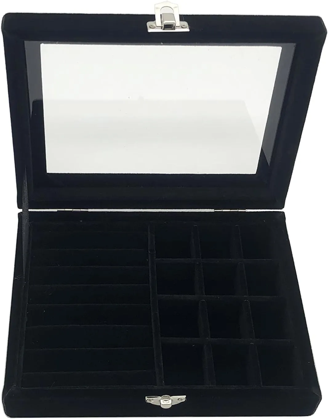 Jewelry Box Organizer, Jewelry Storage Box with Clear Glass Lid, Velvet Glass Jewelry Ring Box, Jewelry Case For Women And Girls (Black)