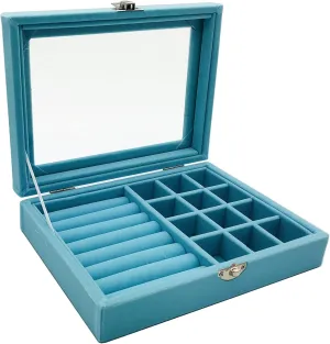 Jewelry Box Organizer, Jewelry Storage Box with Clear Glass Lid, Velvet Glass Jewelry Ring Box, Jewelry Case For Women And Girls (Blue)