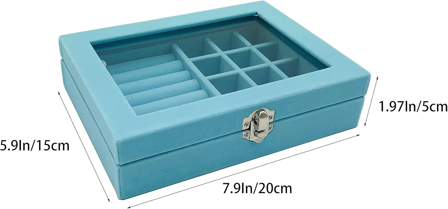 Jewelry Box Organizer, Jewelry Storage Box with Clear Glass Lid, Velvet Glass Jewelry Ring Box, Jewelry Case For Women And Girls (Blue)