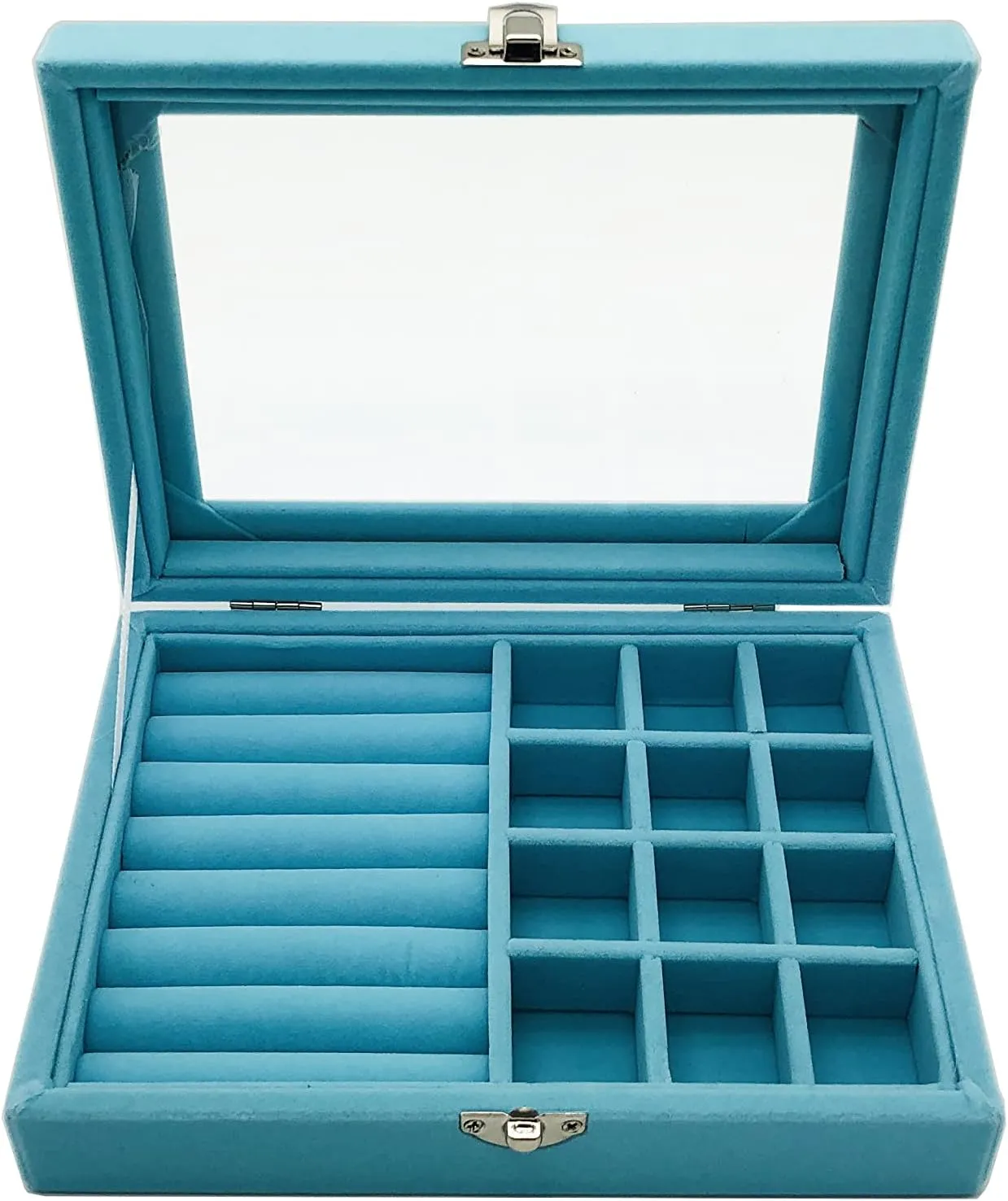 Jewelry Box Organizer, Jewelry Storage Box with Clear Glass Lid, Velvet Glass Jewelry Ring Box, Jewelry Case For Women And Girls (Blue)