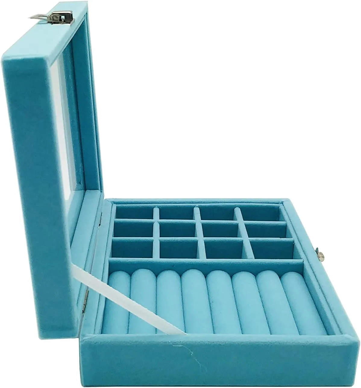 Jewelry Box Organizer, Jewelry Storage Box with Clear Glass Lid, Velvet Glass Jewelry Ring Box, Jewelry Case For Women And Girls (Blue)