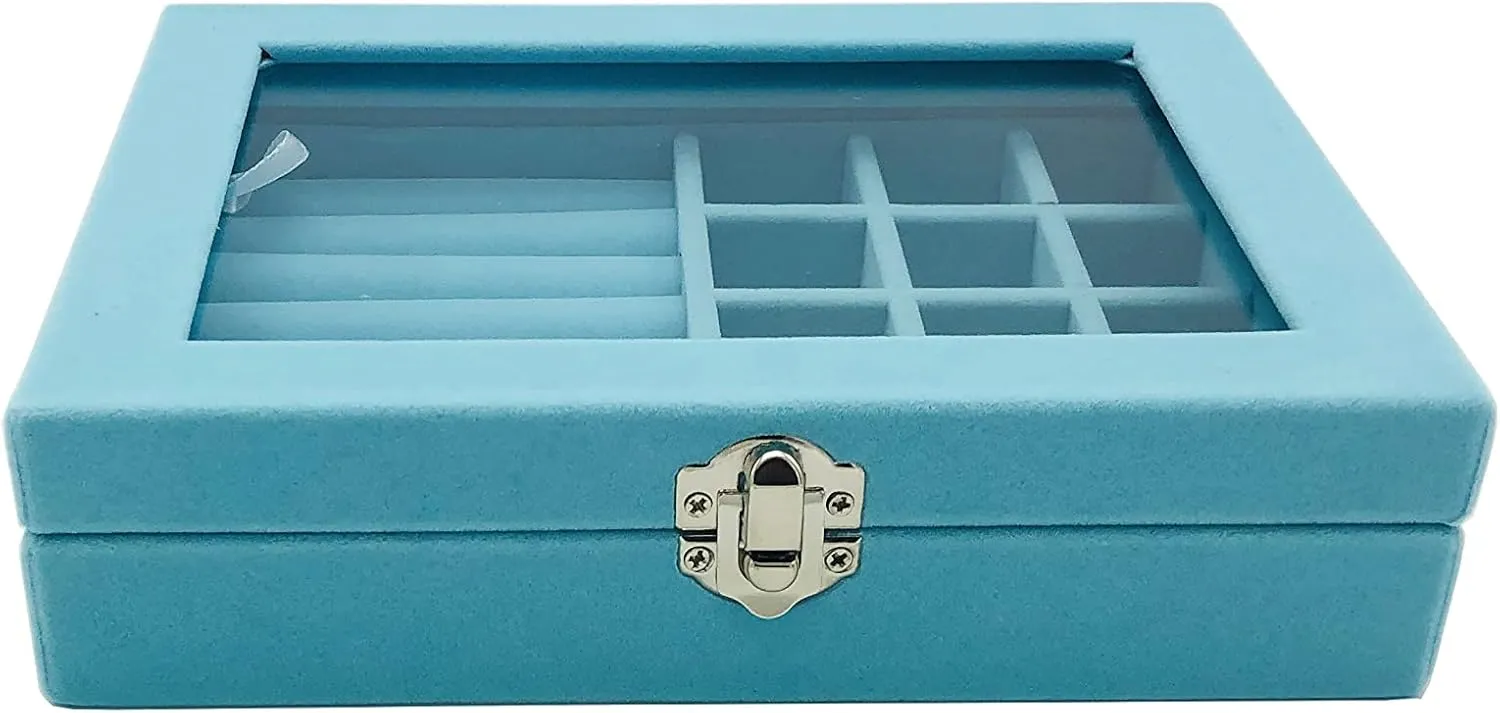 Jewelry Box Organizer, Jewelry Storage Box with Clear Glass Lid, Velvet Glass Jewelry Ring Box, Jewelry Case For Women And Girls (Blue)