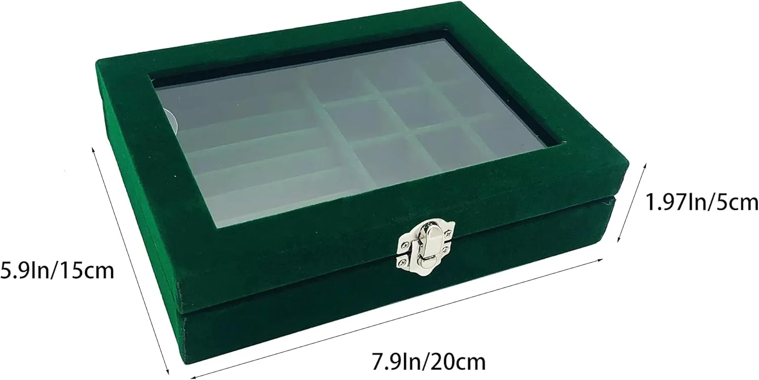 Jewelry Box Organizer, Jewelry Storage Box with Clear Glass Lid, Velvet Glass Jewelry Ring Box, Jewelry Case For Women And Girls (Green)