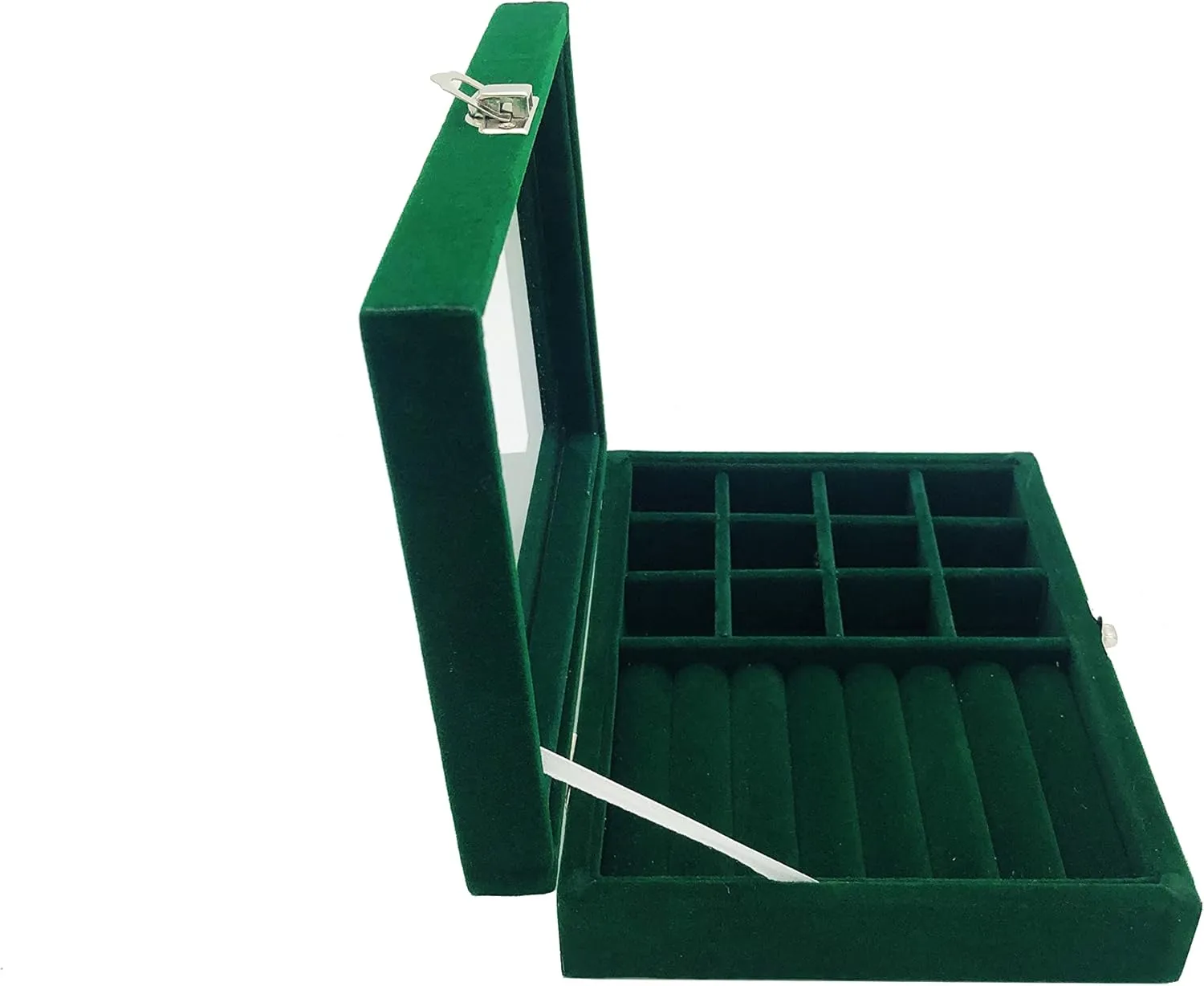 Jewelry Box Organizer, Jewelry Storage Box with Clear Glass Lid, Velvet Glass Jewelry Ring Box, Jewelry Case For Women And Girls (Green)