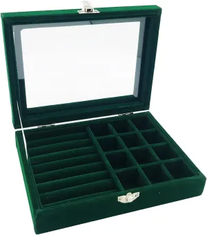 Jewelry Box Organizer, Jewelry Storage Box with Clear Glass Lid, Velvet Glass Jewelry Ring Box, Jewelry Case For Women And Girls (Green)
