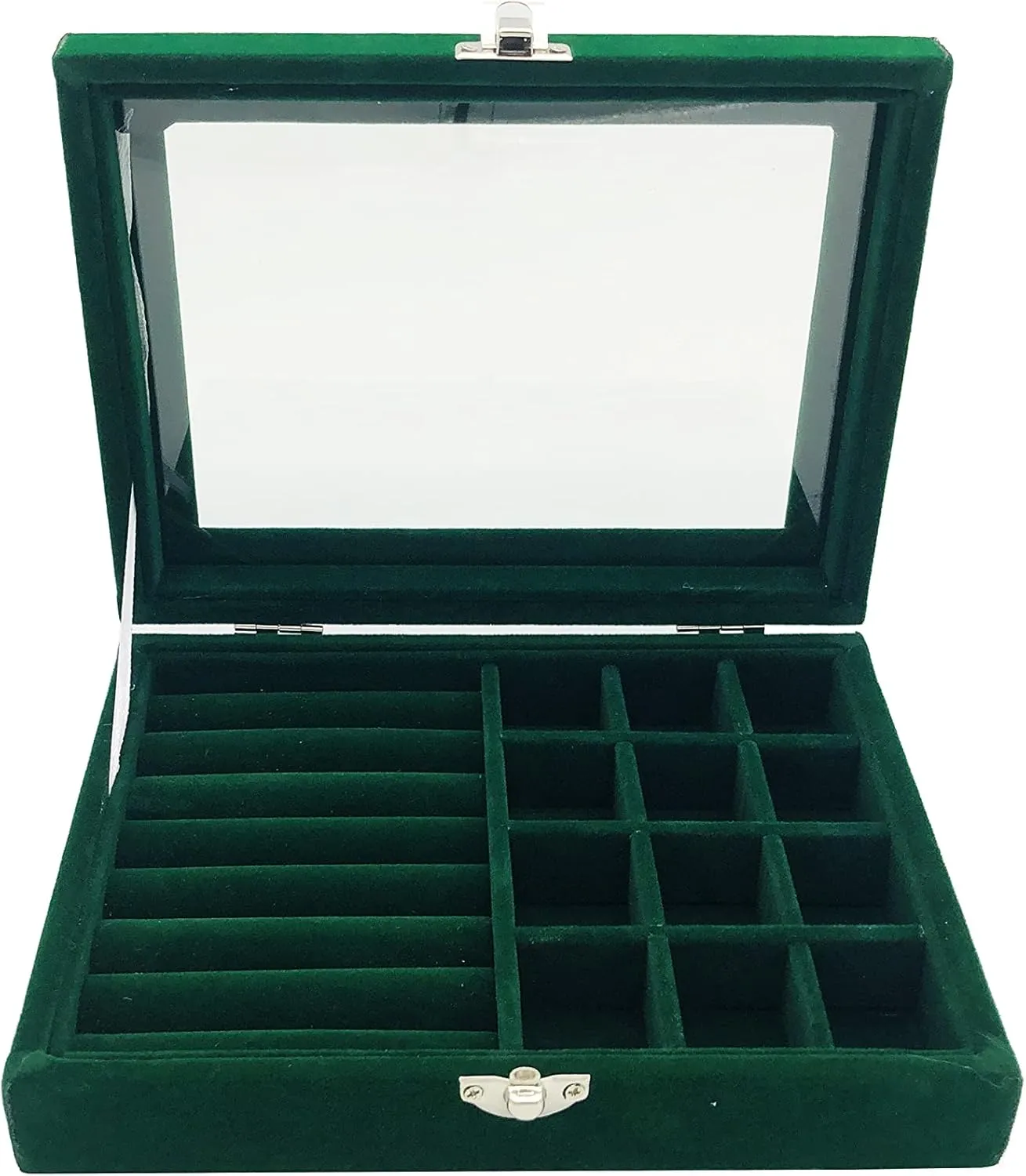 Jewelry Box Organizer, Jewelry Storage Box with Clear Glass Lid, Velvet Glass Jewelry Ring Box, Jewelry Case For Women And Girls (Green)