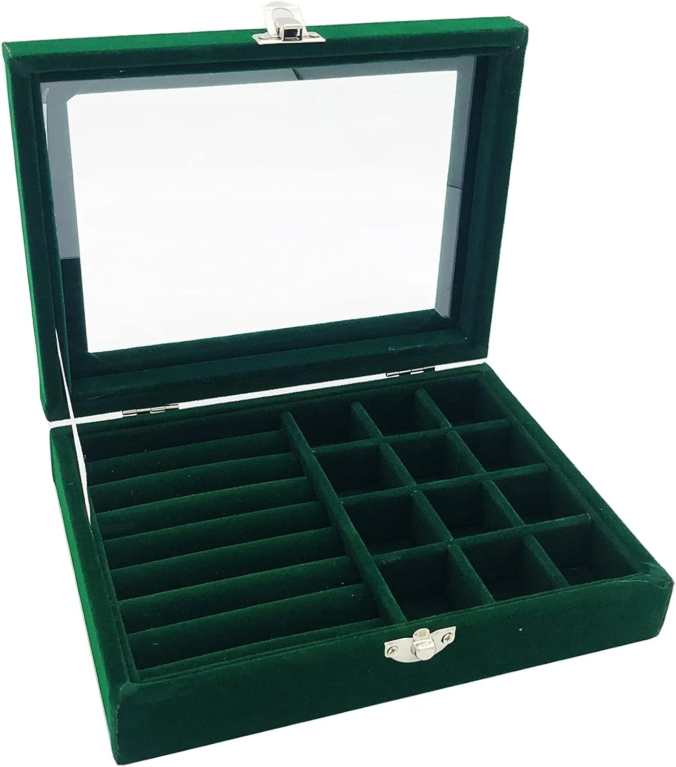 Jewelry Box Organizer, Jewelry Storage Box with Clear Glass Lid, Velvet Glass Jewelry Ring Box, Jewelry Case For Women And Girls (Green)