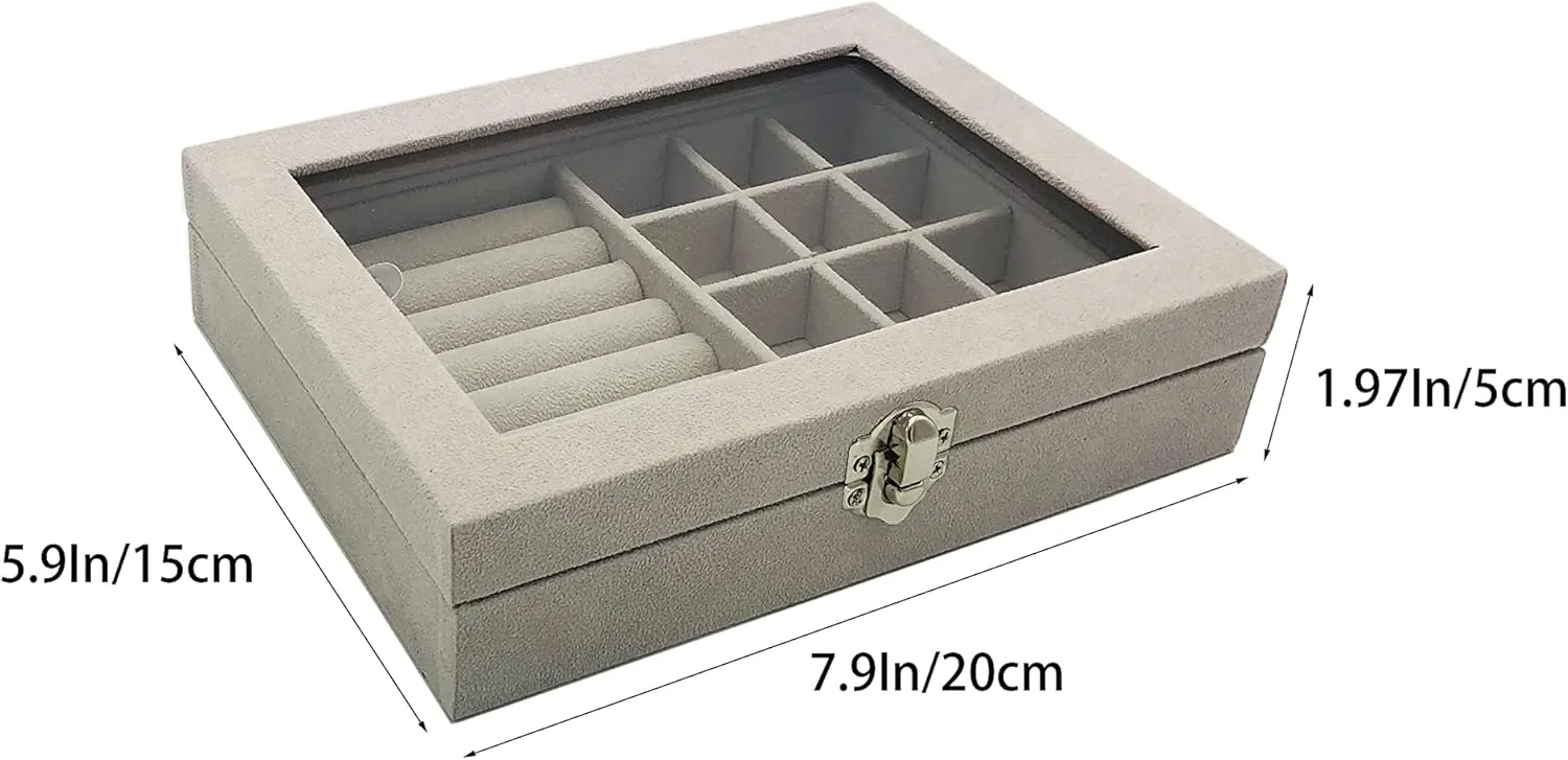 Jewelry Box Organizer, Jewelry Storage Box with Clear Glass Lid, Velvet Glass Jewelry Ring Box, Jewelry Case For Women And Girls (Grey)
