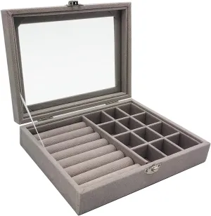 Jewelry Box Organizer, Jewelry Storage Box with Clear Glass Lid, Velvet Glass Jewelry Ring Box, Jewelry Case For Women And Girls (Grey)