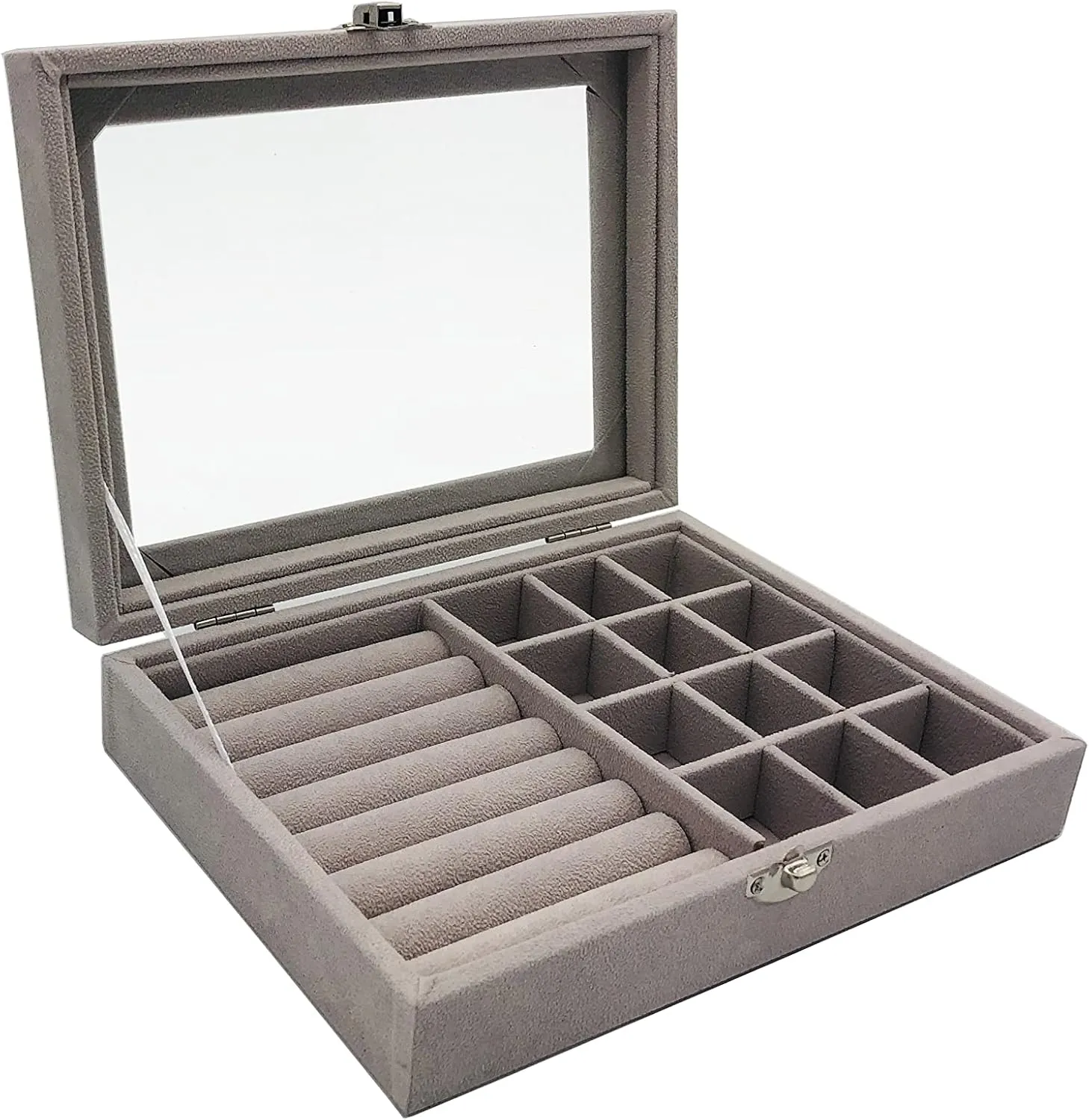 Jewelry Box Organizer, Jewelry Storage Box with Clear Glass Lid, Velvet Glass Jewelry Ring Box, Jewelry Case For Women And Girls (Grey)