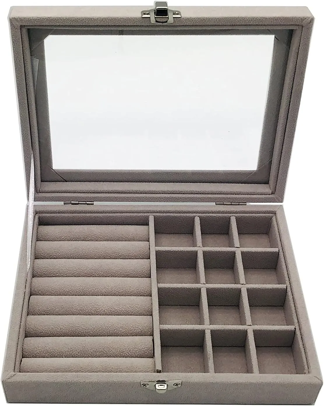 Jewelry Box Organizer, Jewelry Storage Box with Clear Glass Lid, Velvet Glass Jewelry Ring Box, Jewelry Case For Women And Girls (Grey)