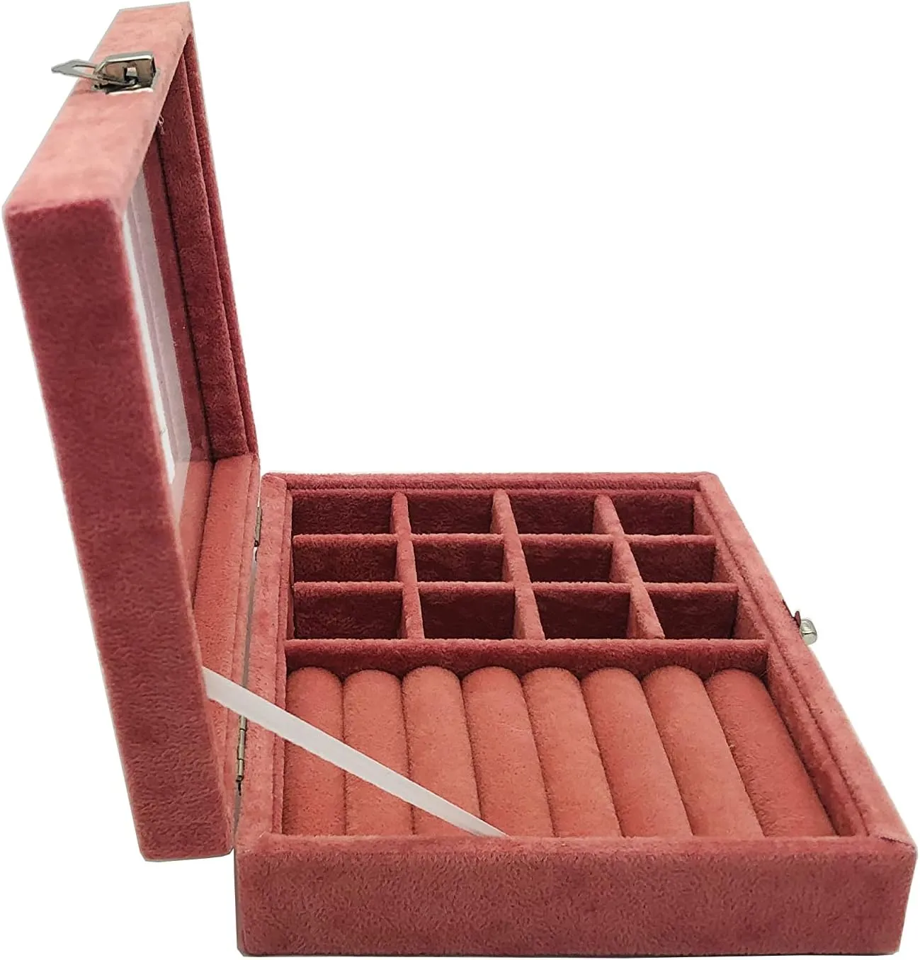 Jewelry Box Organizer, Jewelry Storage Box with Clear Glass Lid, Velvet Glass Jewelry Ring Box, Jewelry Case For Women And Girls (Pink)
