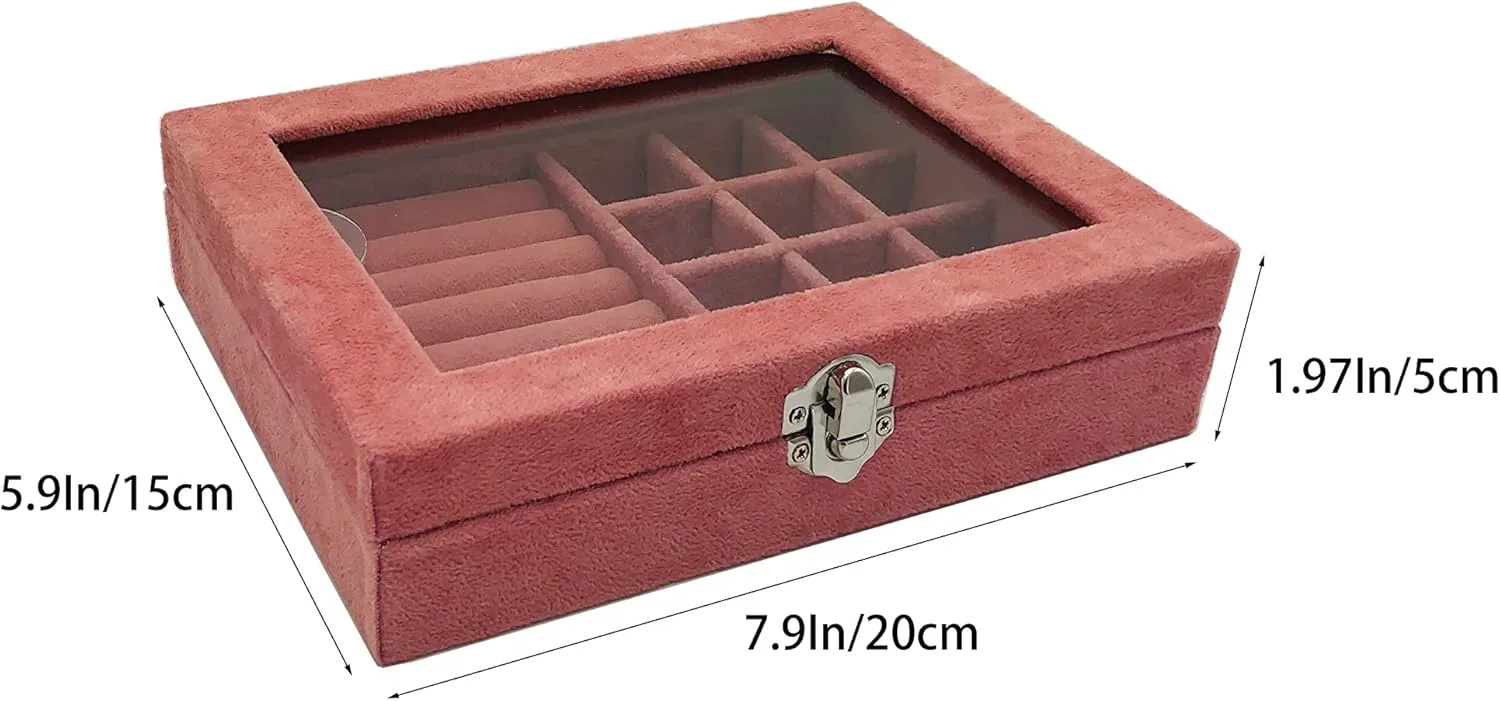 Jewelry Box Organizer, Jewelry Storage Box with Clear Glass Lid, Velvet Glass Jewelry Ring Box, Jewelry Case For Women And Girls (Pink)