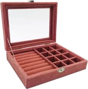 Jewelry Box Organizer, Jewelry Storage Box with Clear Glass Lid, Velvet Glass Jewelry Ring Box, Jewelry Case For Women And Girls (Pink)