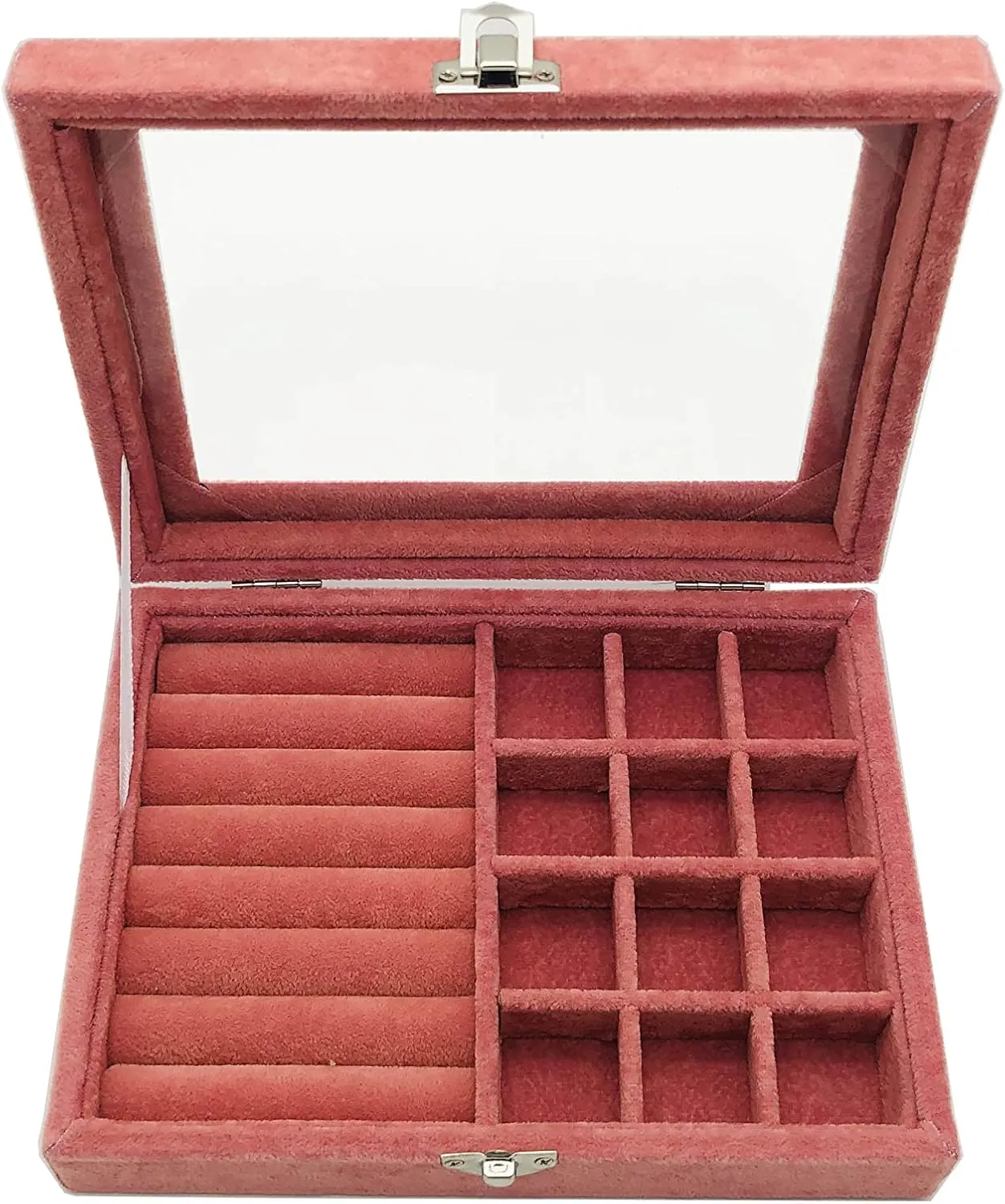 Jewelry Box Organizer, Jewelry Storage Box with Clear Glass Lid, Velvet Glass Jewelry Ring Box, Jewelry Case For Women And Girls (Pink)