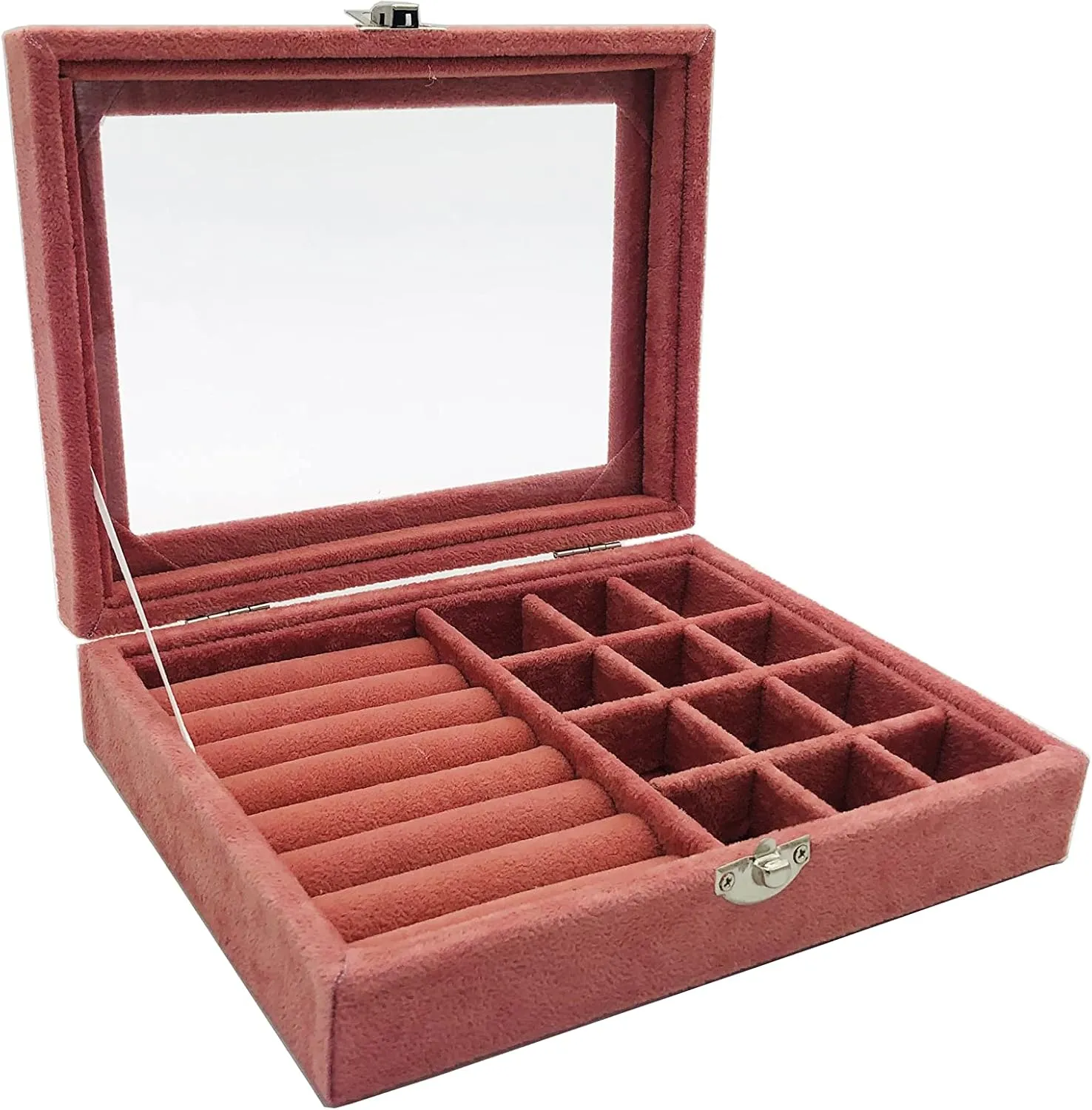 Jewelry Box Organizer, Jewelry Storage Box with Clear Glass Lid, Velvet Glass Jewelry Ring Box, Jewelry Case For Women And Girls (Pink)