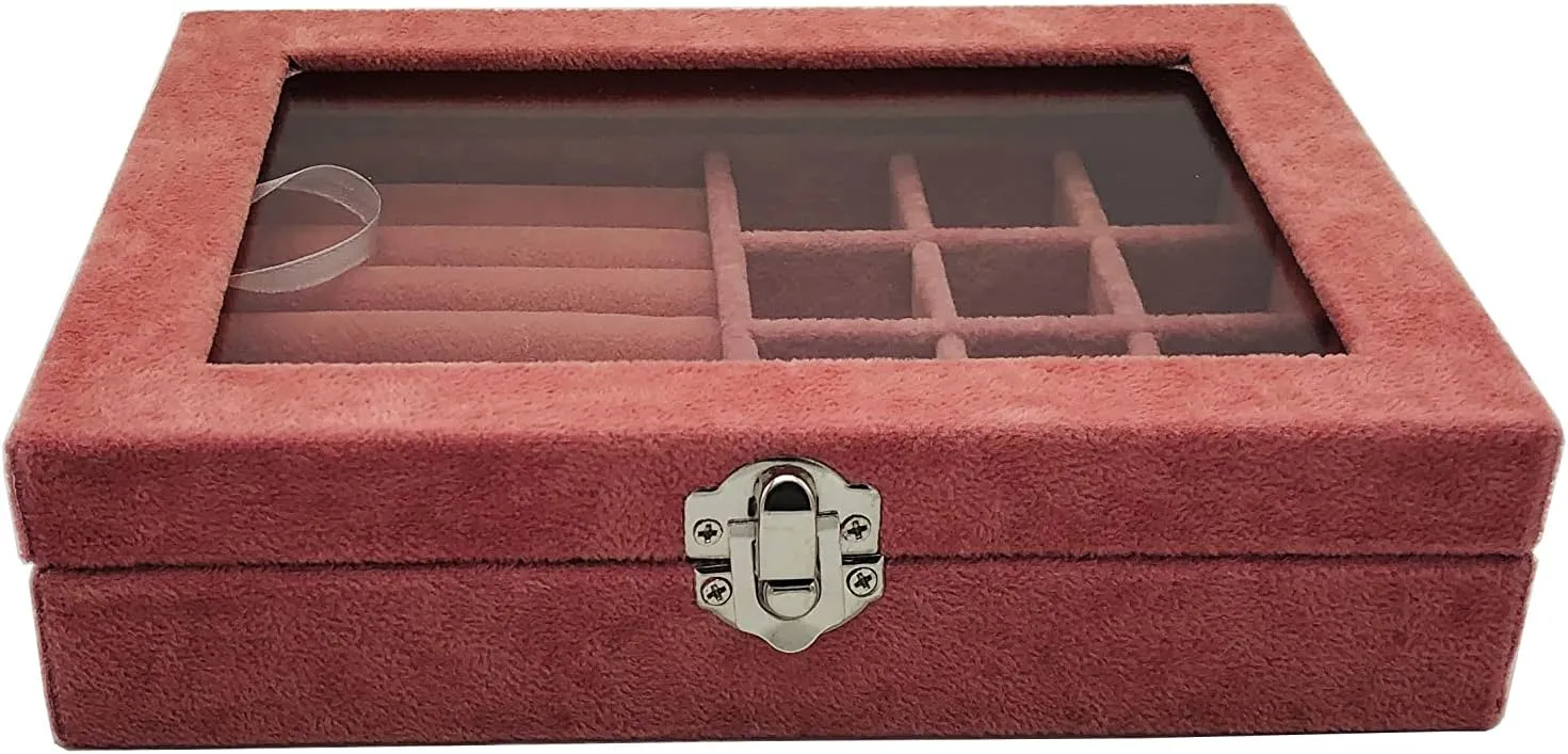 Jewelry Box Organizer, Jewelry Storage Box with Clear Glass Lid, Velvet Glass Jewelry Ring Box, Jewelry Case For Women And Girls (Pink)