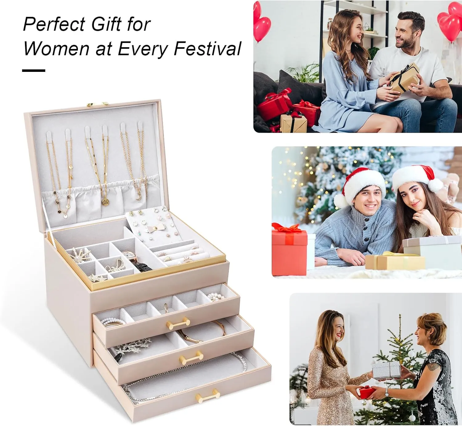 Jewelry Boxes for Women, Large Jewelry Storage Boxes, 4-Layer Leather Jewelry Organizer with 3 Drawers, Jewelry Display Case Gift for Women Girls, Apricot
