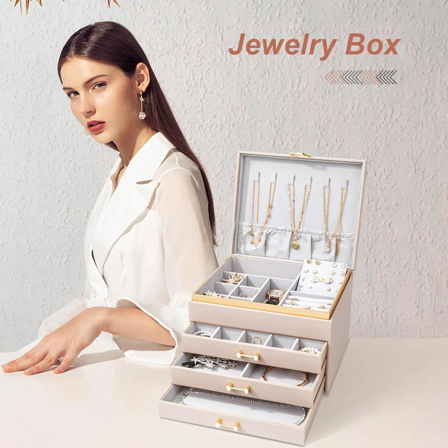 Jewelry Boxes for Women, Large Jewelry Storage Boxes, 4-Layer Leather Jewelry Organizer with 3 Drawers, Jewelry Display Case Gift for Women Girls, Apricot