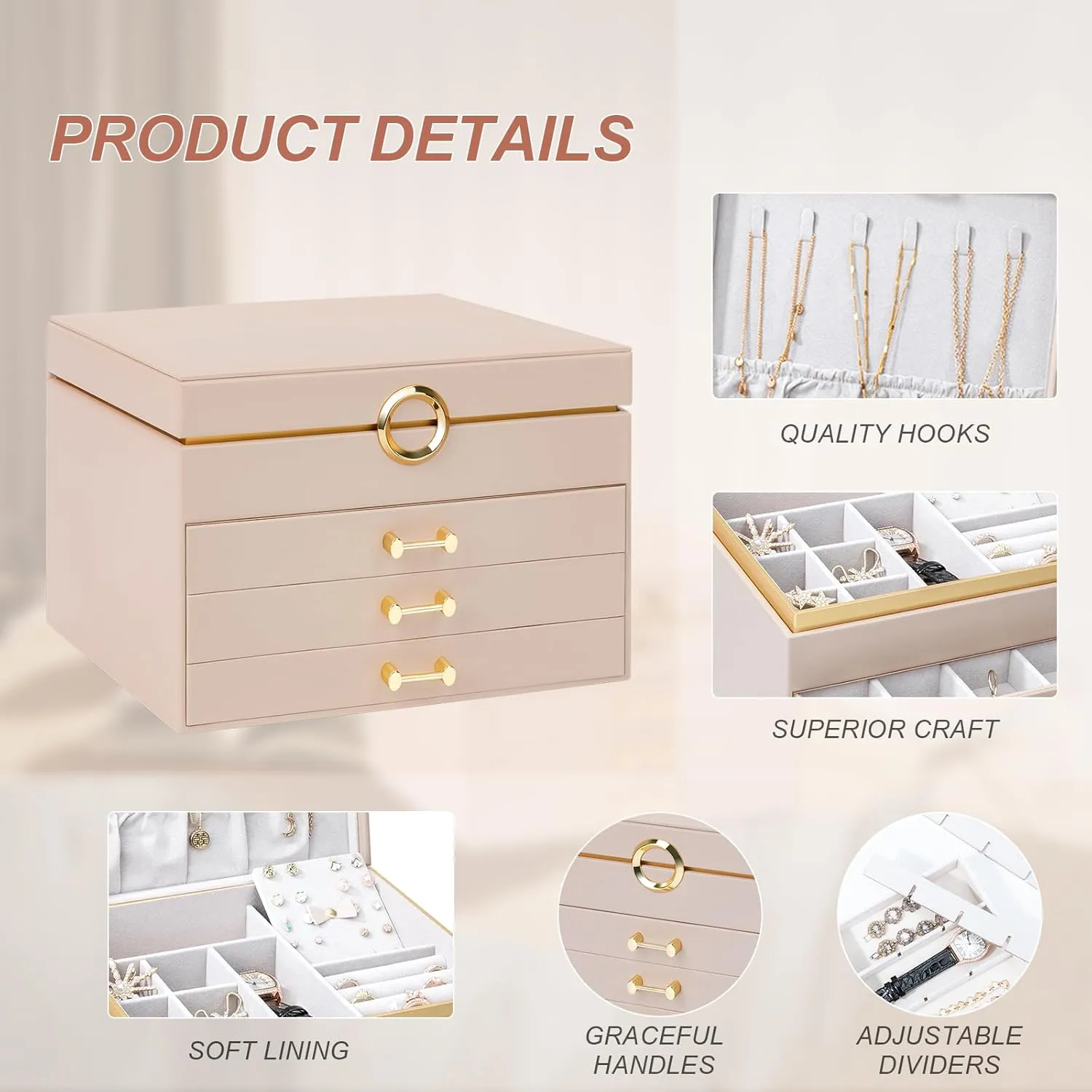 Jewelry Boxes for Women, Large Jewelry Storage Boxes, 4-Layer Leather Jewelry Organizer with 3 Drawers, Jewelry Display Case Gift for Women Girls, Apricot