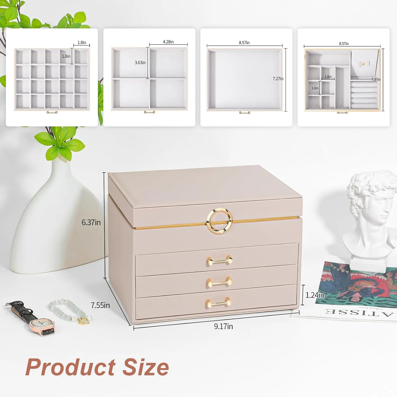 Jewelry Boxes for Women, Large Jewelry Storage Boxes, 4-Layer Leather Jewelry Organizer with 3 Drawers, Jewelry Display Case Gift for Women Girls, Apricot
