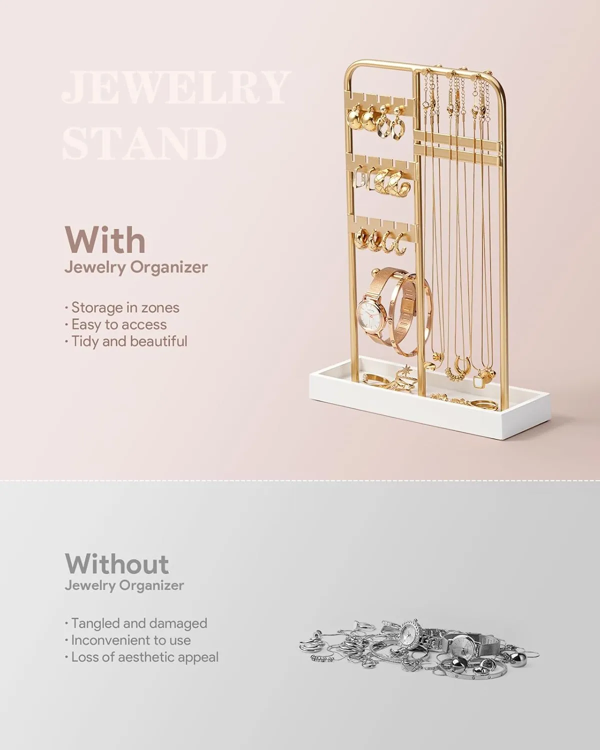 Jewelry Holder, Jewelry Stand with Metal Frame and Velvet Tray, Jewelry Stand Organizer(White)