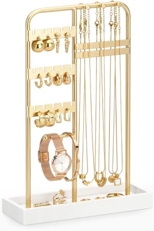 Jewelry Holder, Jewelry Stand with Metal Frame and Velvet Tray, Jewelry Stand Organizer(White)