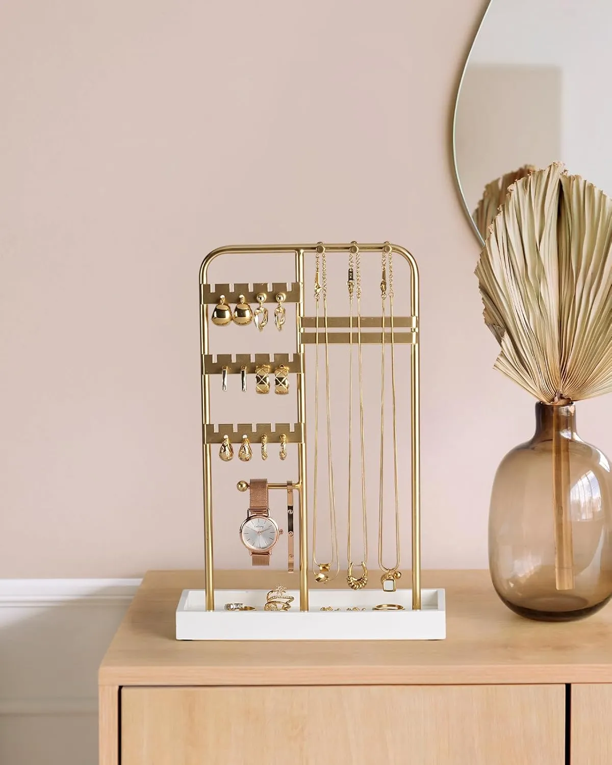 Jewelry Holder, Jewelry Stand with Metal Frame and Velvet Tray, Jewelry Stand Organizer(White)