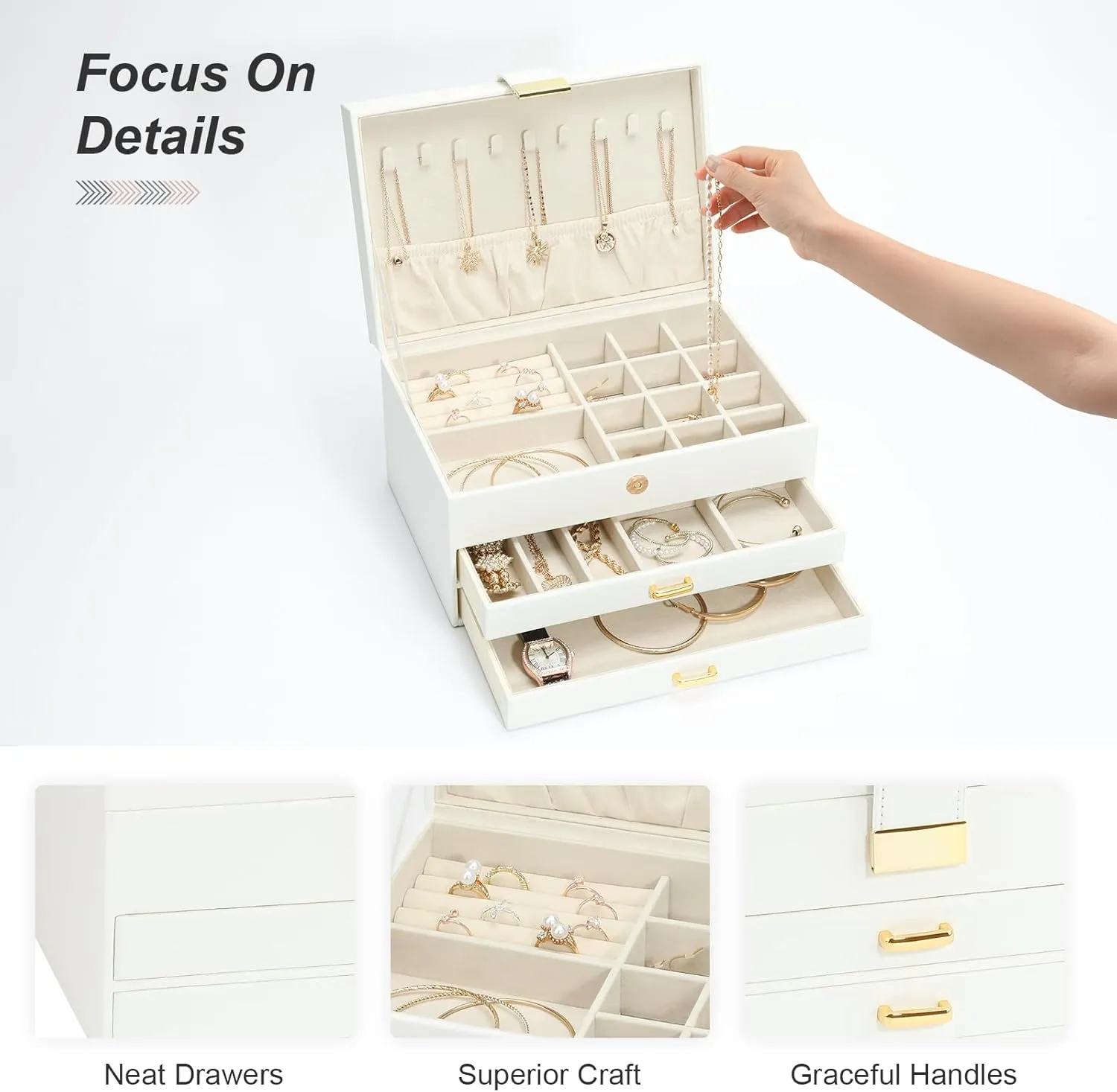 Jewelry Organizer Box, Women Jewelry Box 3 Layers with 2 Drawers, Large Jewelry Organizers Jewelry Boxes Display Earring Necklace Watch Bracelet and Rings, White