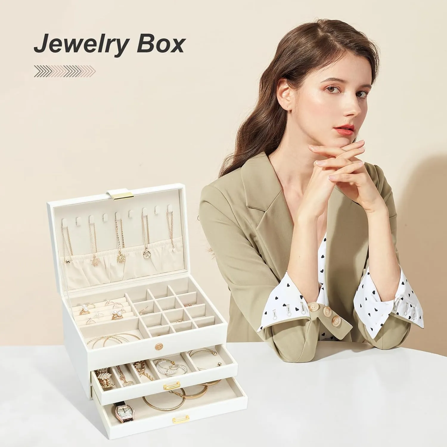 Jewelry Organizer Box, Women Jewelry Box 3 Layers with 2 Drawers, Large Jewelry Organizers Jewelry Boxes Display Earring Necklace Watch Bracelet and Rings, White