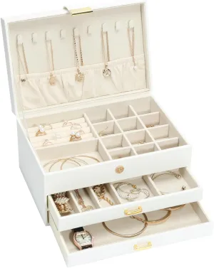 Jewelry Organizer Box, Women Jewelry Box 3 Layers with 2 Drawers, Large Jewelry Organizers Jewelry Boxes Display Earring Necklace Watch Bracelet and Rings, White