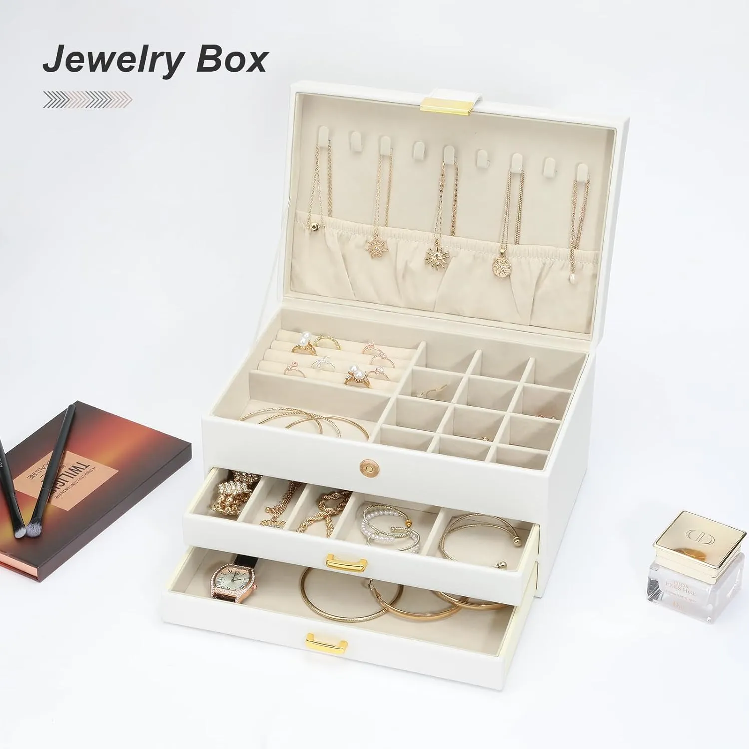 Jewelry Organizer Box, Women Jewelry Box 3 Layers with 2 Drawers, Large Jewelry Organizers Jewelry Boxes Display Earring Necklace Watch Bracelet and Rings, White