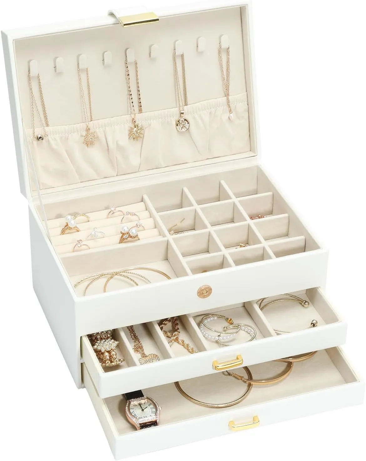 Jewelry Organizer Box, Women Jewelry Box 3 Layers with 2 Drawers, Large Jewelry Organizers Jewelry Boxes Display Earring Necklace Watch Bracelet and Rings, White