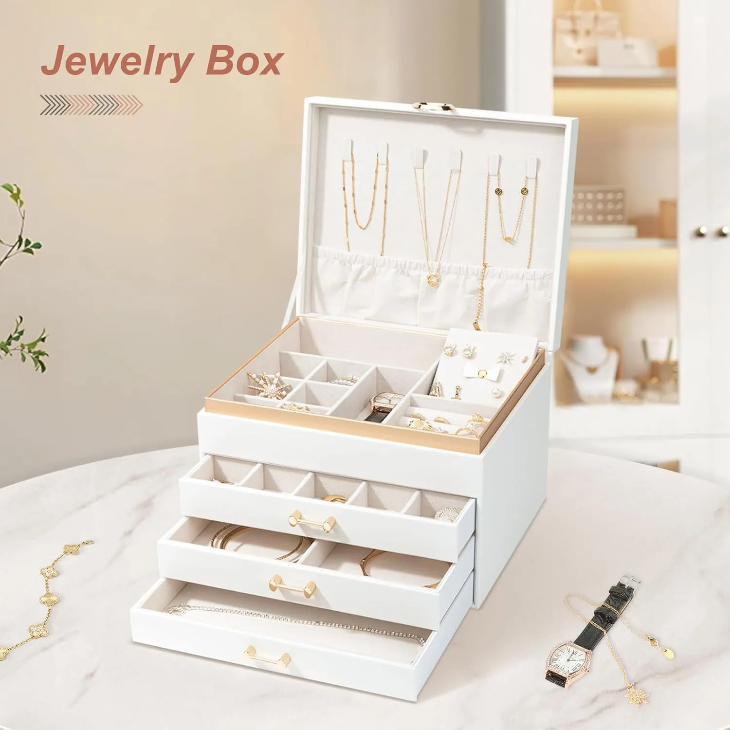 Jewelry Organizer Box, Women Jewelry Box White Jewelry Case 4-Layer with 3 Drawers, Jewelry Boxes for Women Jewelry Organizer, White