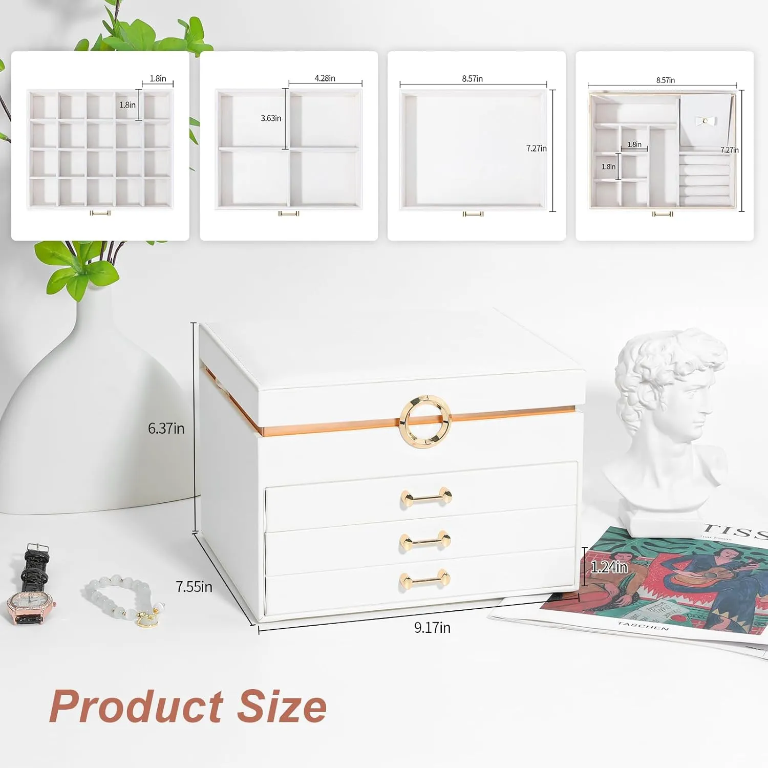 Jewelry Organizer Box, Women Jewelry Box White Jewelry Case 4-Layer with 3 Drawers, Jewelry Boxes for Women Jewelry Organizer, White