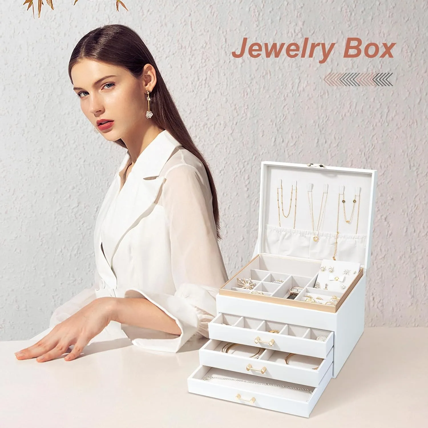 Jewelry Organizer Box, Women Jewelry Box White Jewelry Case 4-Layer with 3 Drawers, Jewelry Boxes for Women Jewelry Organizer, White