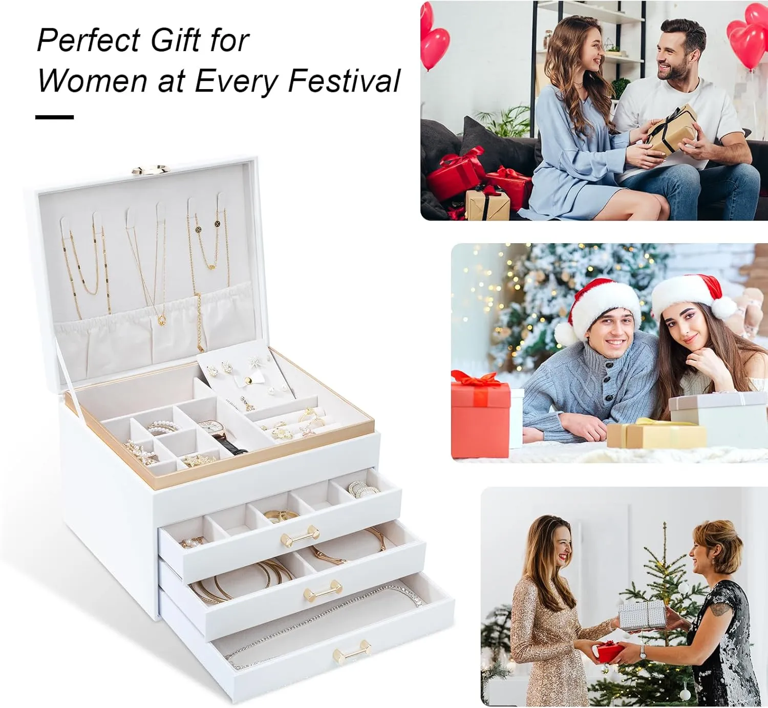 Jewelry Organizer Box, Women Jewelry Box White Jewelry Case 4-Layer with 3 Drawers, Jewelry Boxes for Women Jewelry Organizer, White