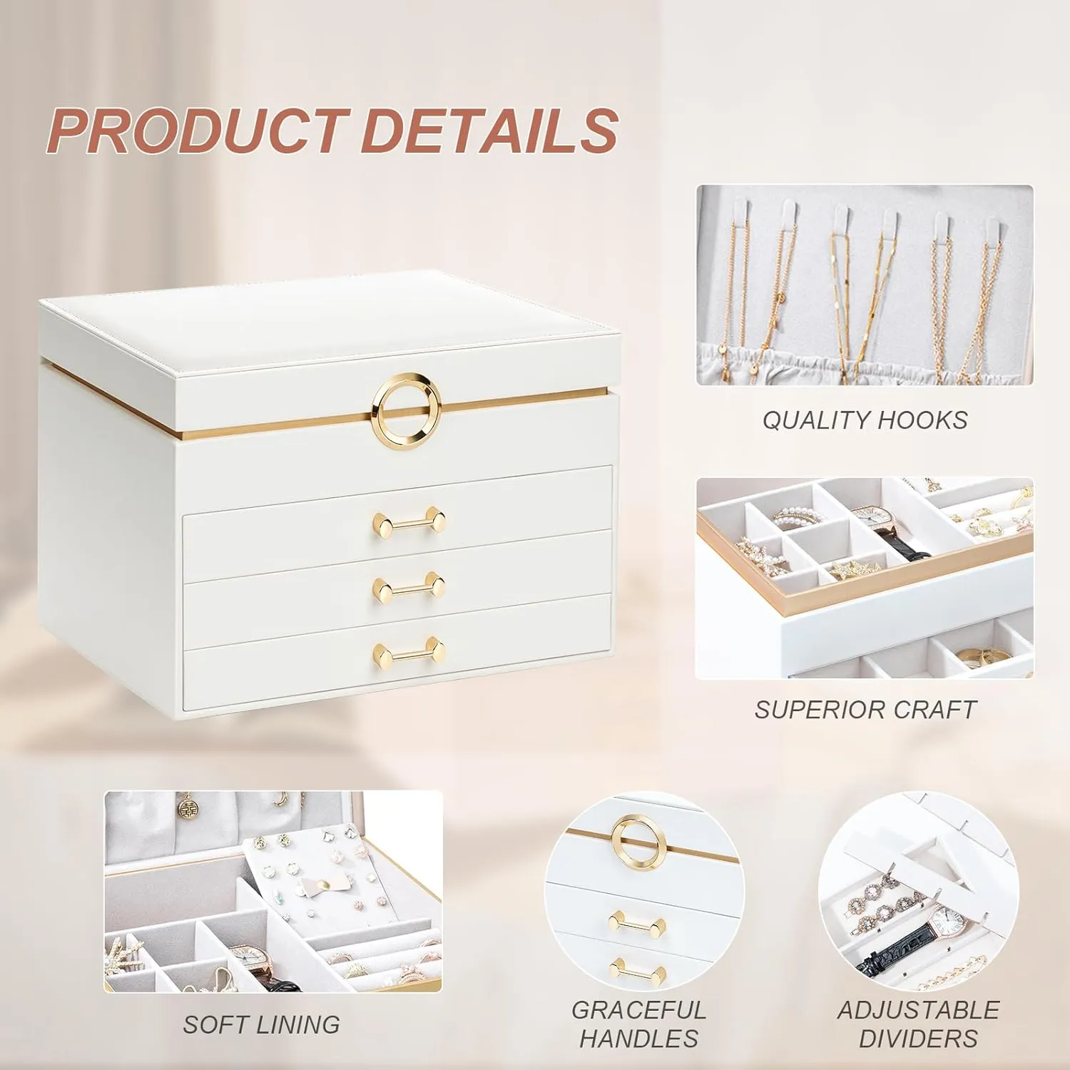 Jewelry Organizer Box, Women Jewelry Box White Jewelry Case 4-Layer with 3 Drawers, Jewelry Boxes for Women Jewelry Organizer, White