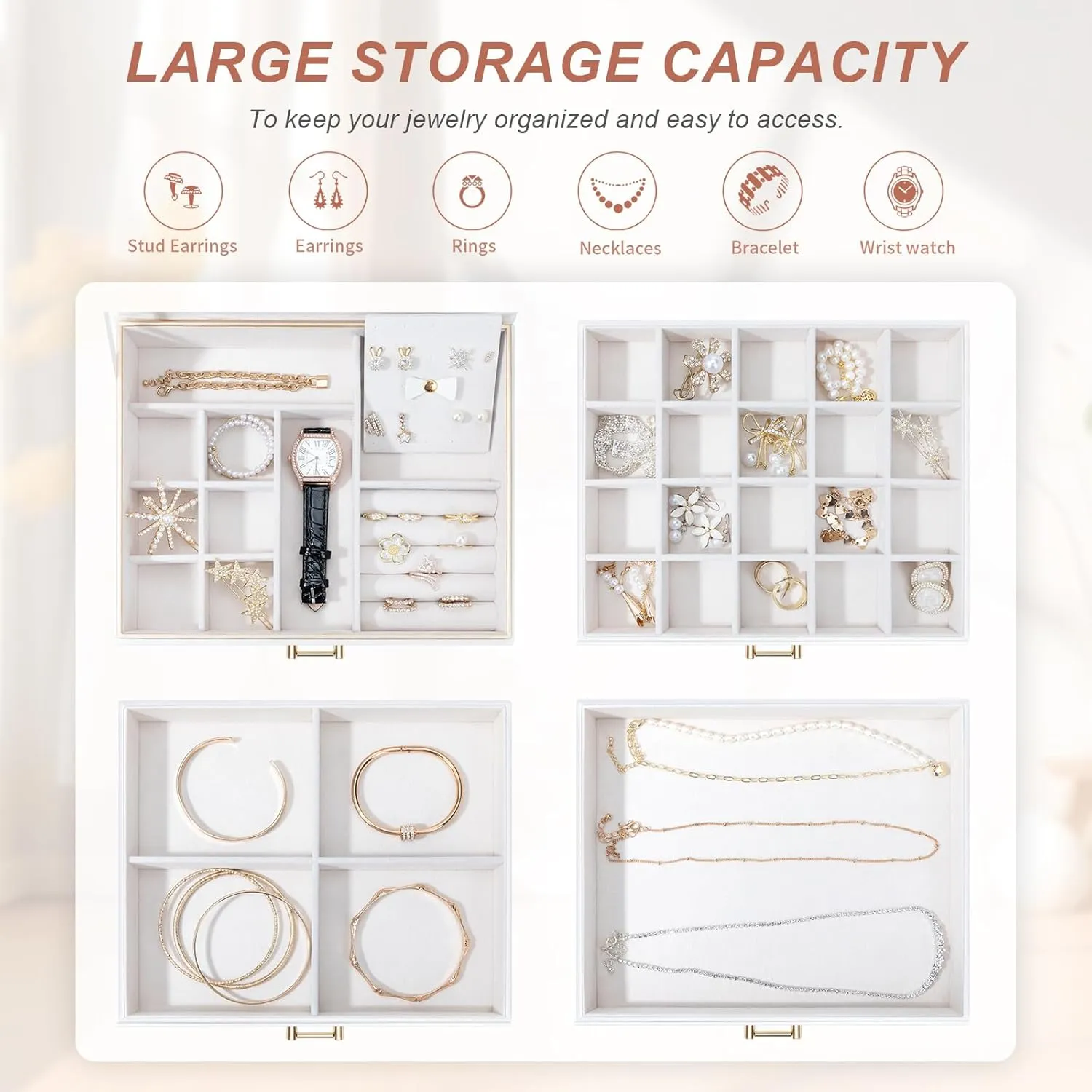 Jewelry Organizer Box, Women Jewelry Box White Jewelry Case 4-Layer with 3 Drawers, Jewelry Boxes for Women Jewelry Organizer, White
