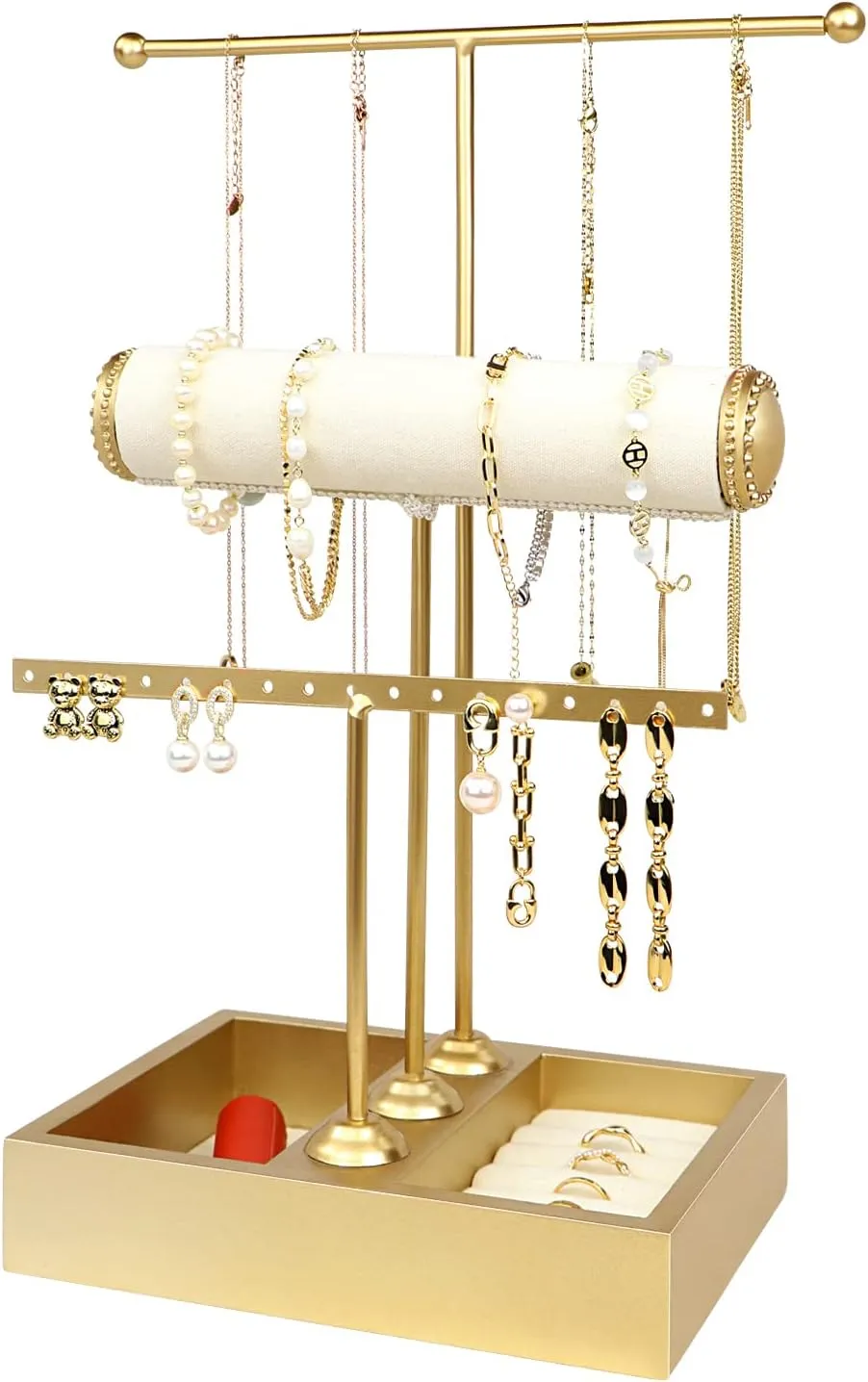 Jewelry Organizer Stand 3-in-1 Jewelry Holder for Necklaces Bracelet Earrings & Ring Jewelry Tree Jewelry Tower Metal & Wood-Gold